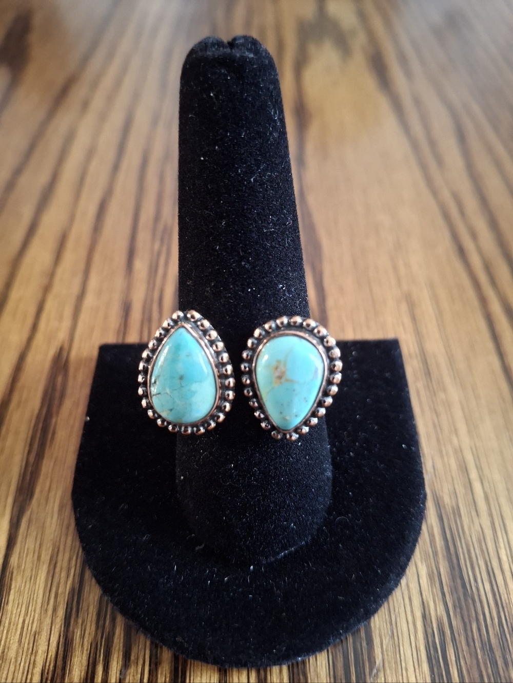 Ring Turquoise Double Natural Stones Copper Adjustable By Pass - Picture 2 of 5